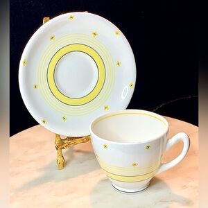 ROYAL STAFFORD CUP SAUCER BONE CHINA ENGLAND YELLOW BLACK WHITE STRIPE VINTAGE
